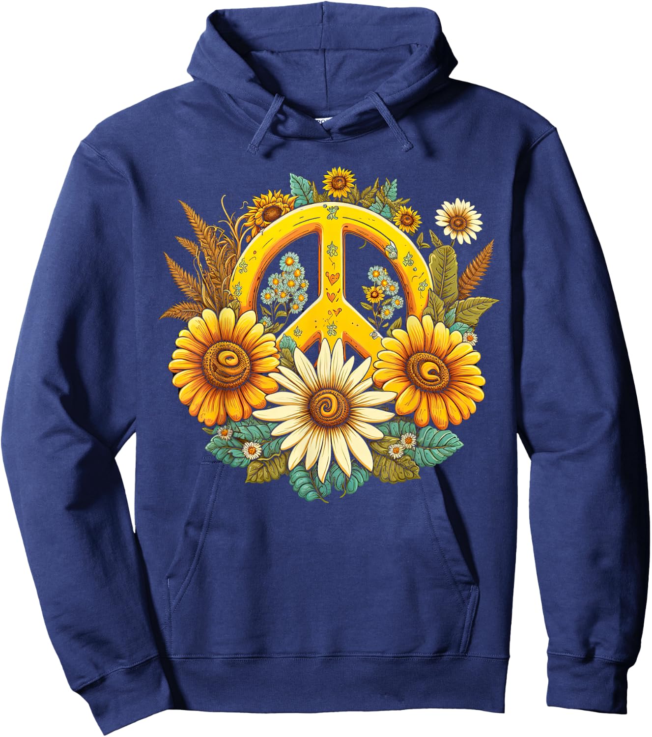Hippie Daisy Peace Sign Retro Flowers Sunflower Groovy Vibes Hoodie - Hoodie | Navy