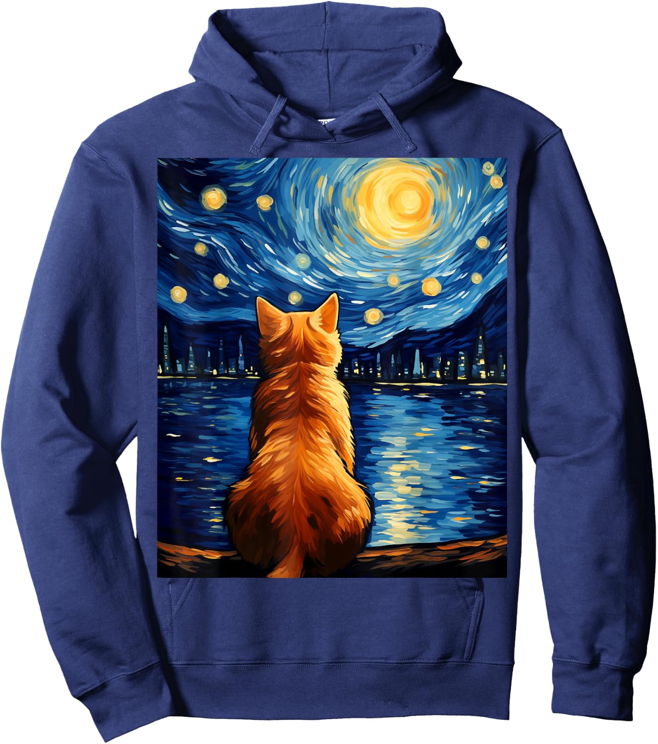 Vincent Van Gogh Starry Night Cat Funny Orange Cat Lover Women Girls Kids Hoodie - Hoodie | Navy