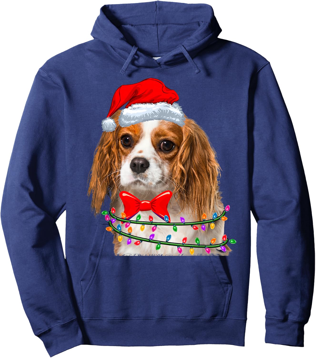 Christmas Lights Cavalier King Chales Spaniel Wearing Hat Hoodie - Hoodie | Navy