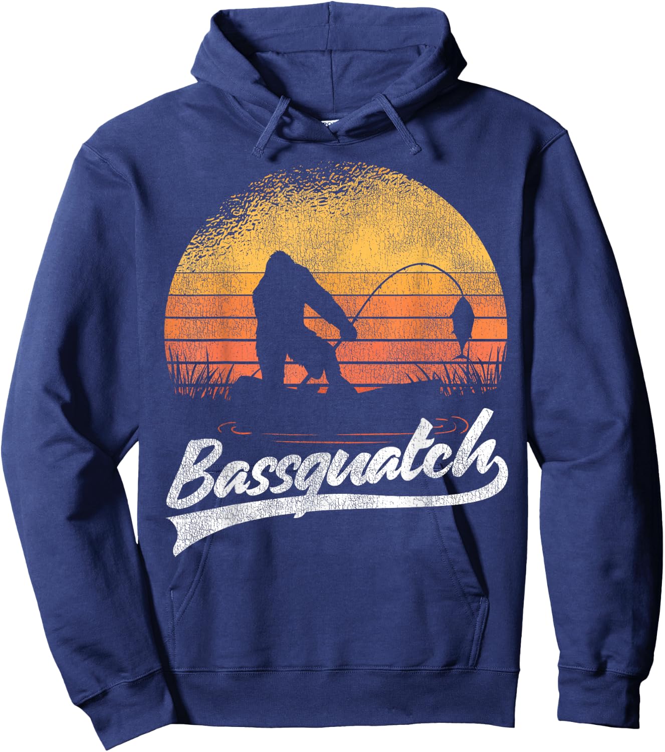 Bigfoot Fishing Retro Sunset Bigfoot Believer Bassquatch Hoodie - Hoodie | Navy