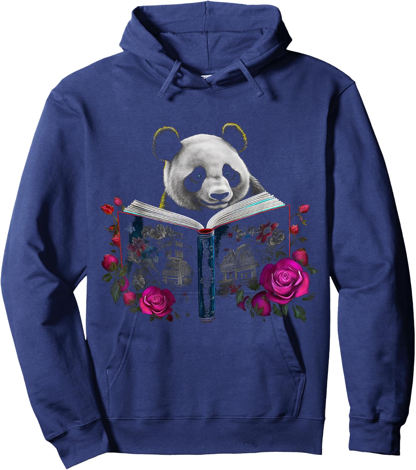 Panda reading a Book - Flowers | Animal Rose Motif Panda Hoodie - Hoodie | Navy