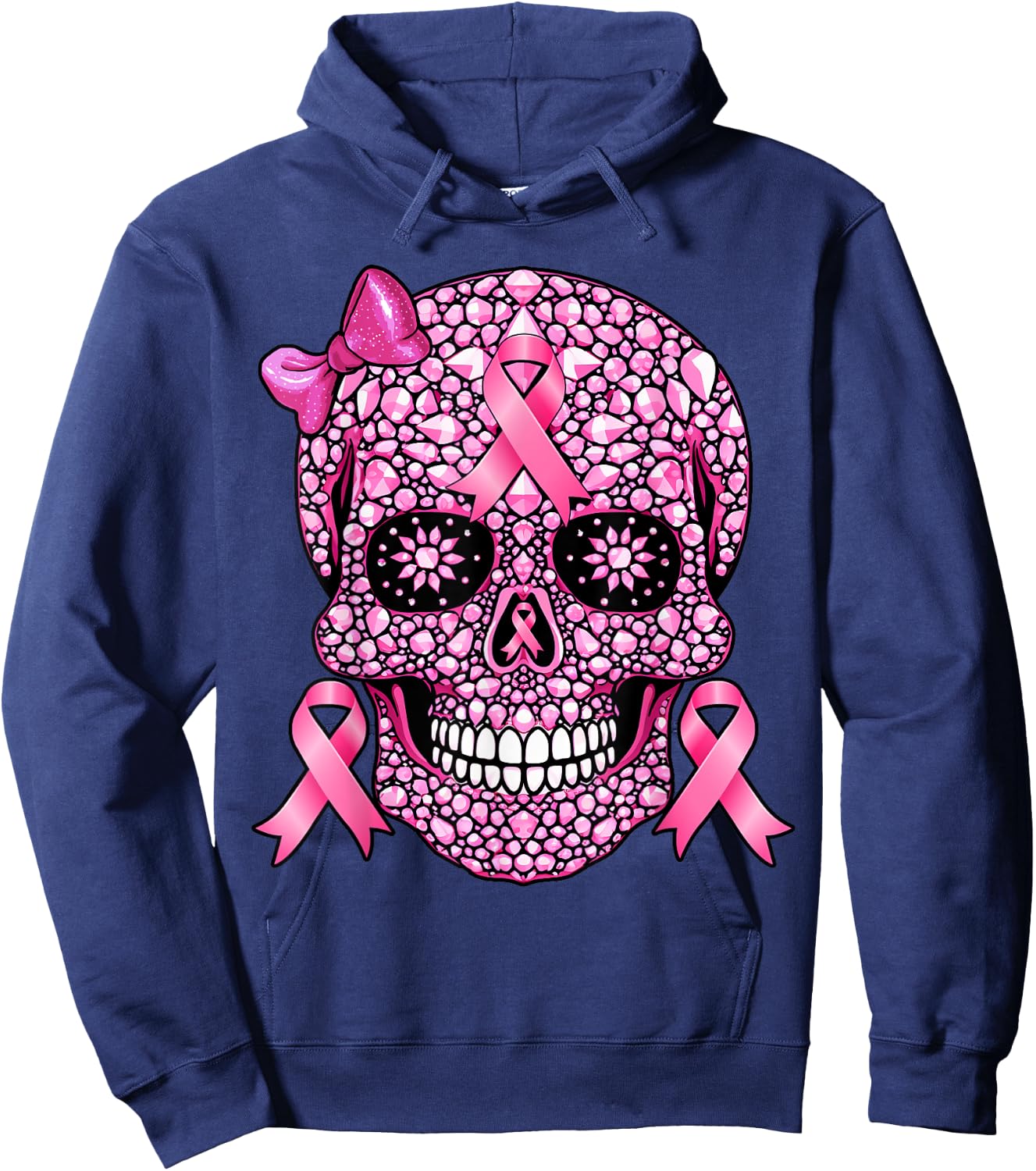 Sugar Skull Pink Ribbon Breast Cancer Awareness Girls Women Hoodie - Hoodie | Navy