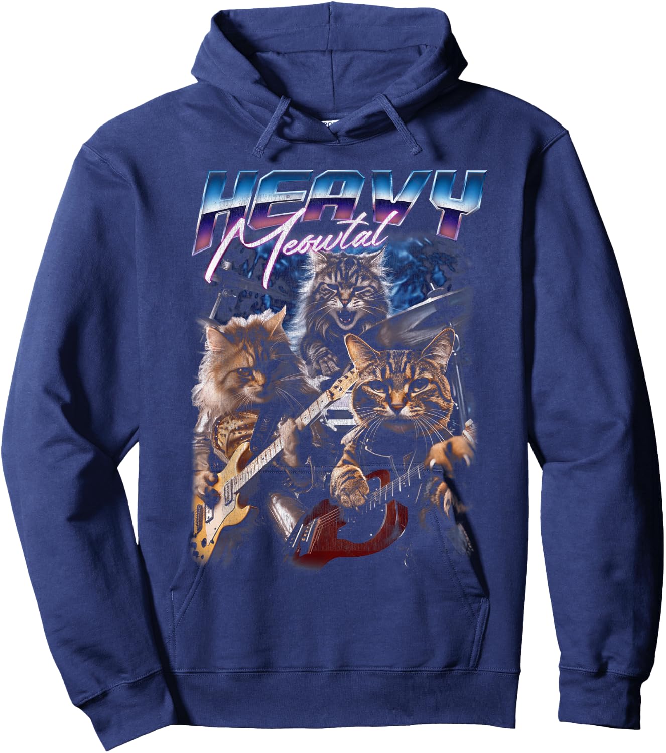Heavy Meowtal Distressed Rock Cat Playing Guitar Music Bands Hoodie - Hoodie | Navy