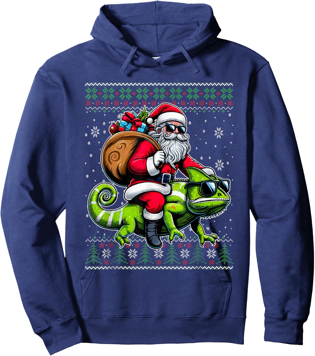 Christmas Santa Riding Chameleon Ugly Christmas Sweater Hoodie - Hoodie | Navy