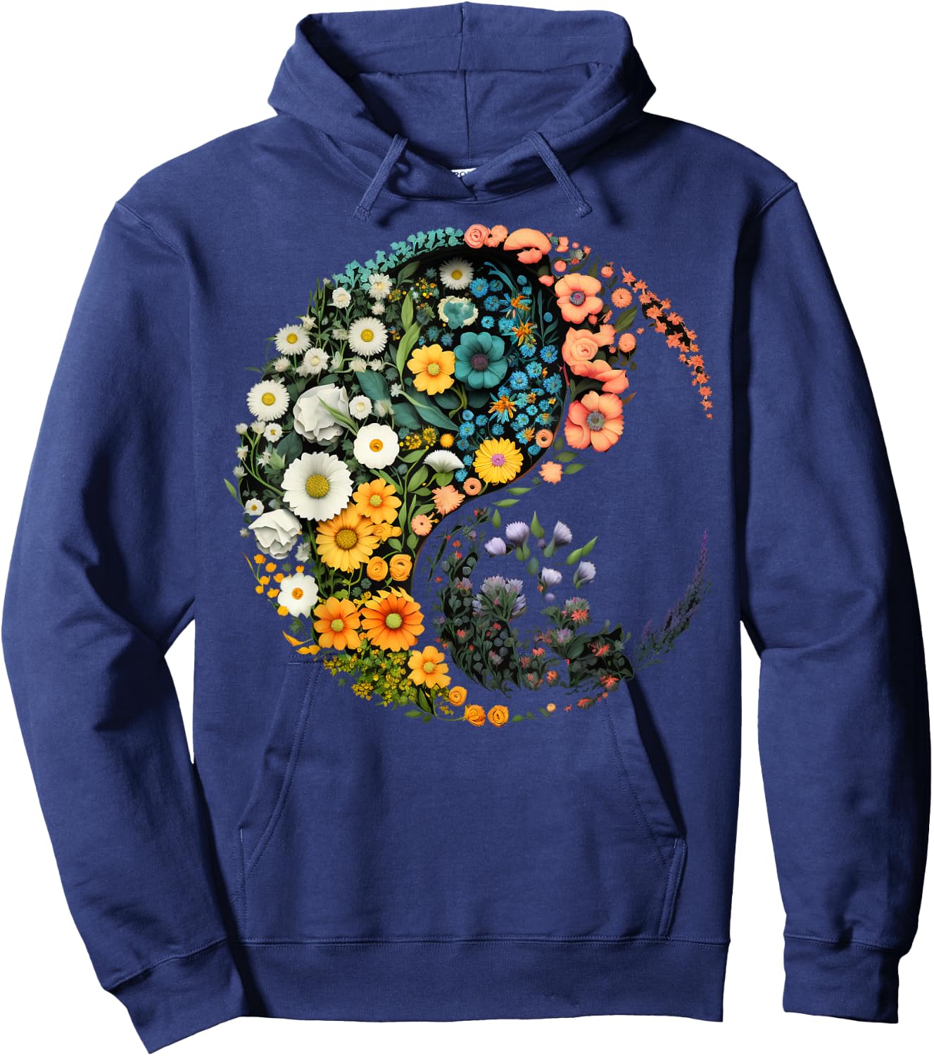 Flower Taoism Yin Yang Symbol on Zen Taijitu Yin Yang Hoodie - Hoodie | Navy