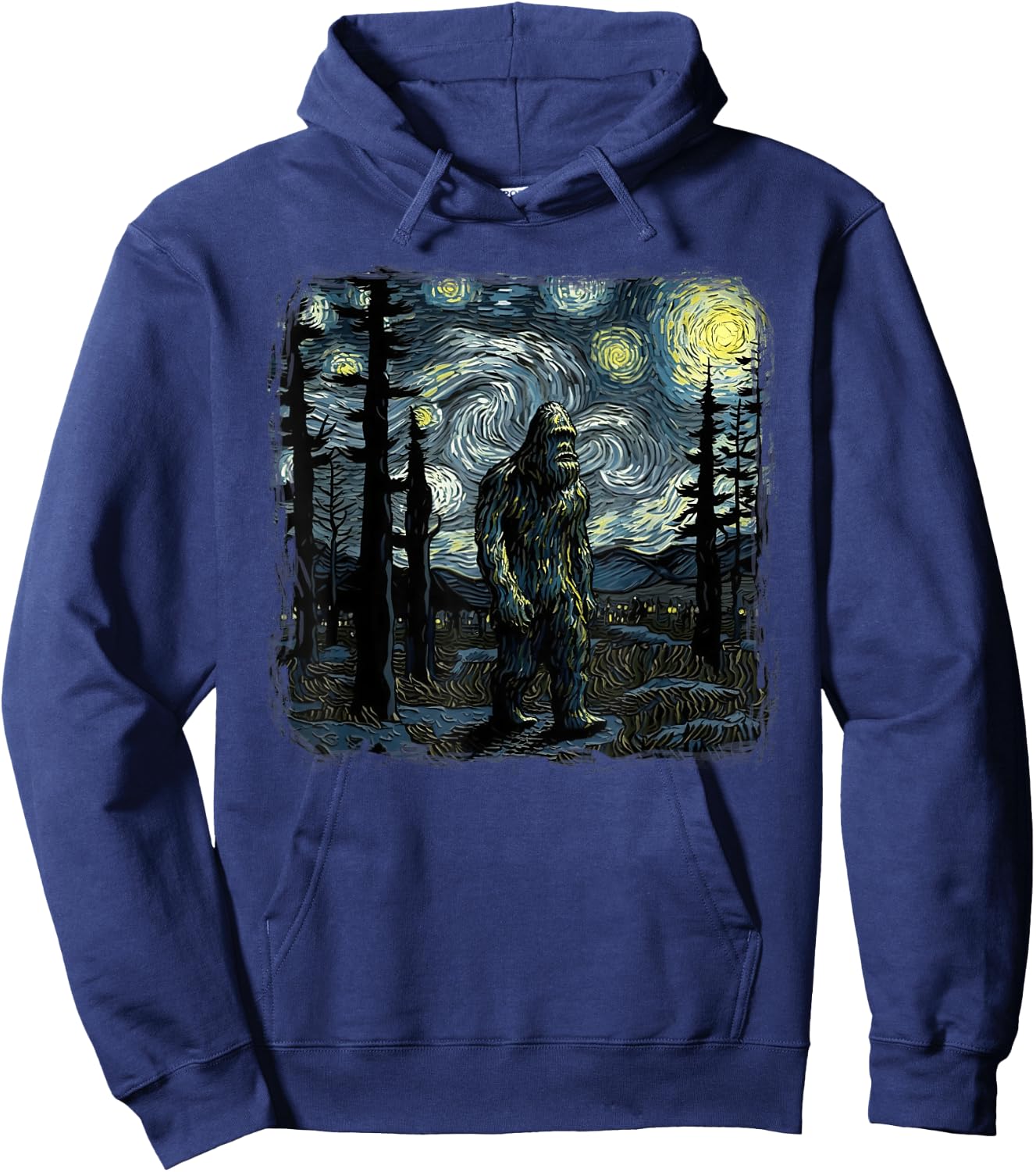 Bigfoot Starry Night Sasquatch Van Gogh Sky Painting Art Hoodie - Hoodie | Navy
