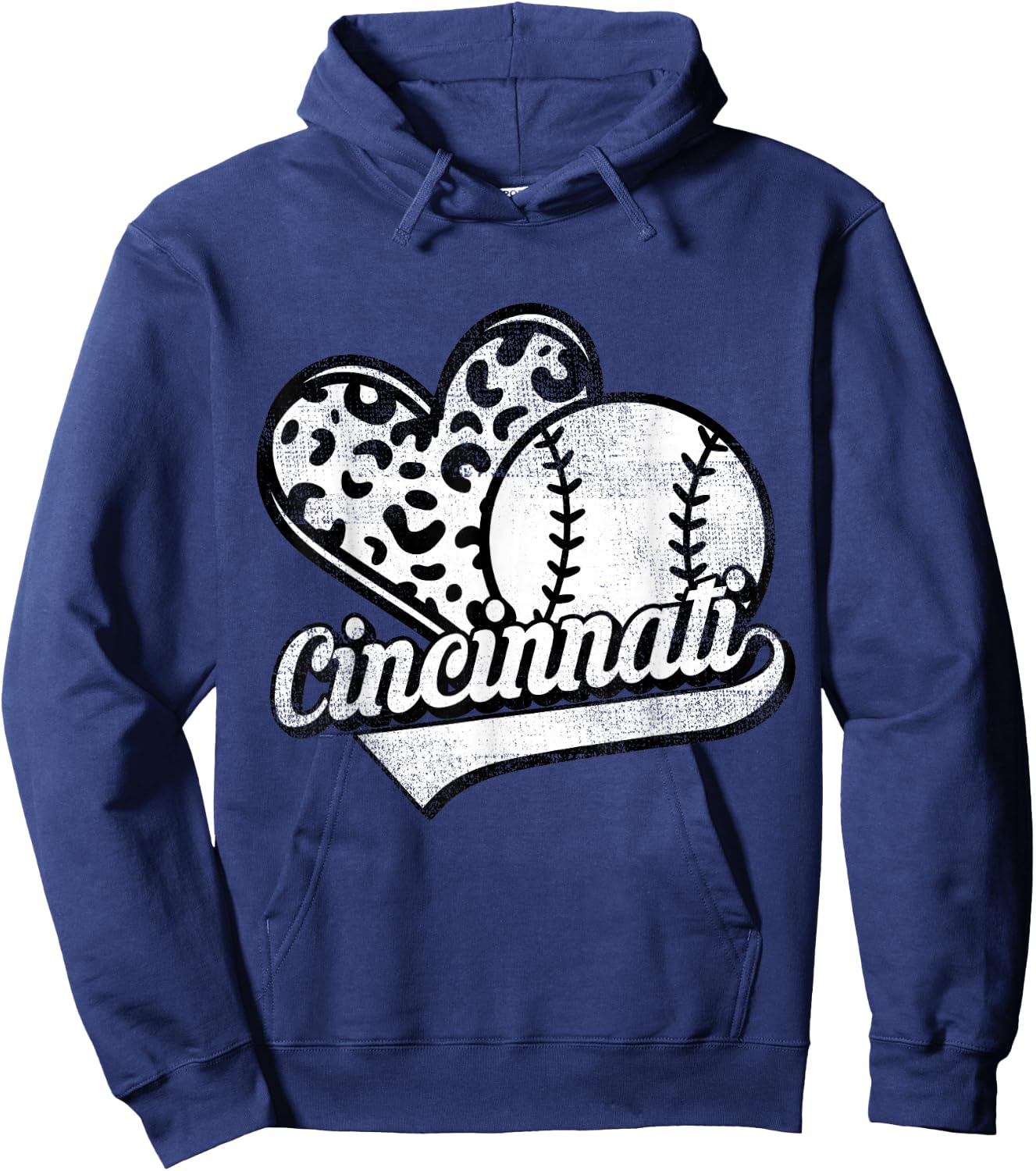 Vintage Cincinnati Baseball Leopard Heart Baseball Fans Hoodie - Hoodie | Navy