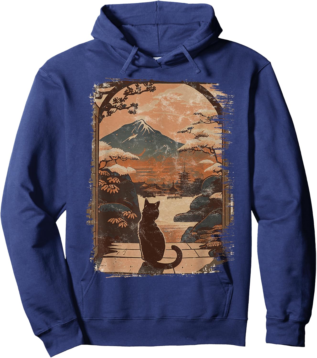 Japanese Cat with Landscape and Mountain Hoodie - Hoodie | Navy