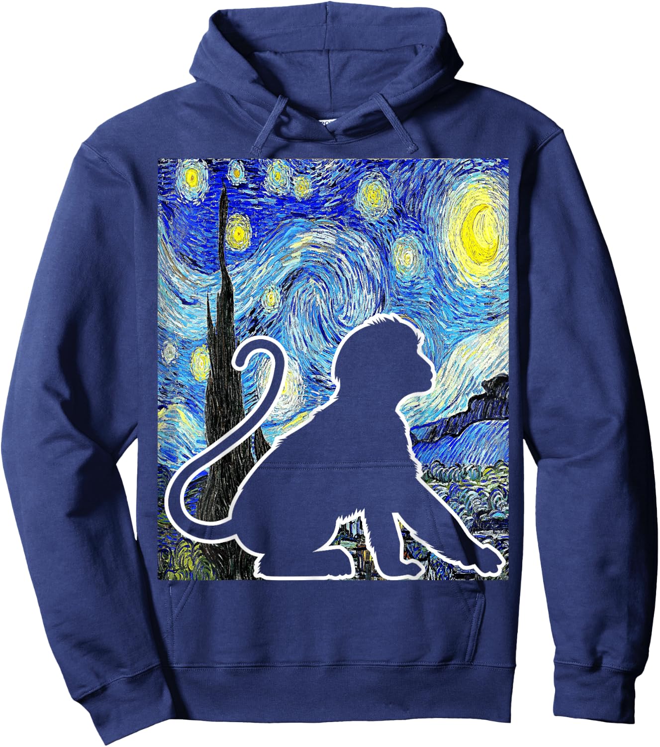 Funny Monkey Van Gogh Famous Painting Monkey Starry Night Monkey Lover - Black, -Adults & Kids, Short Sleeve, Classic Fit, , Small Hoodie - Hoodie | Navy