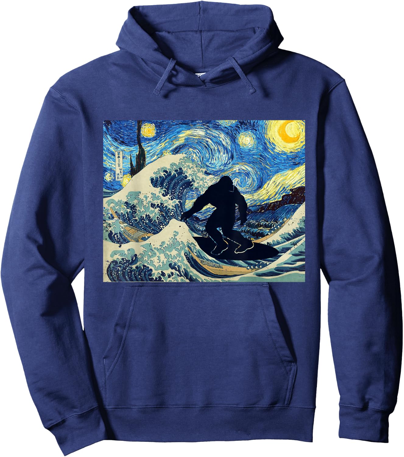 Starry Night Bigfoot Surfing Great Wave off Kanagawa Hoodie - Hoodie | Navy