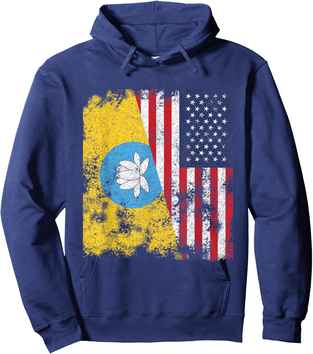 Kalmykia USA Flag Distressed - Half American Women Kids Men Hoodie - Hoodie | Navy