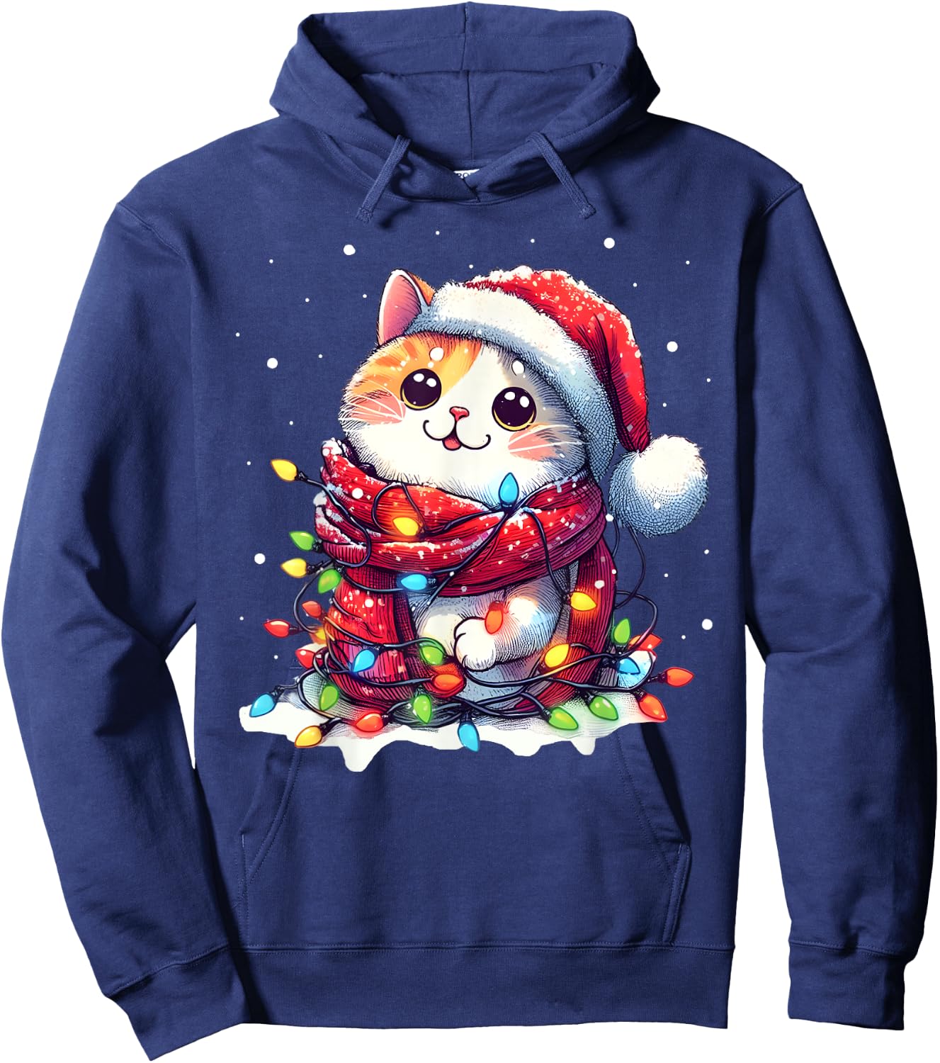 Funny Santa Cat Tangled Up in Christmas Lights Holiday Xmas Men Women Kids Hoodie - Hoodie | Navy