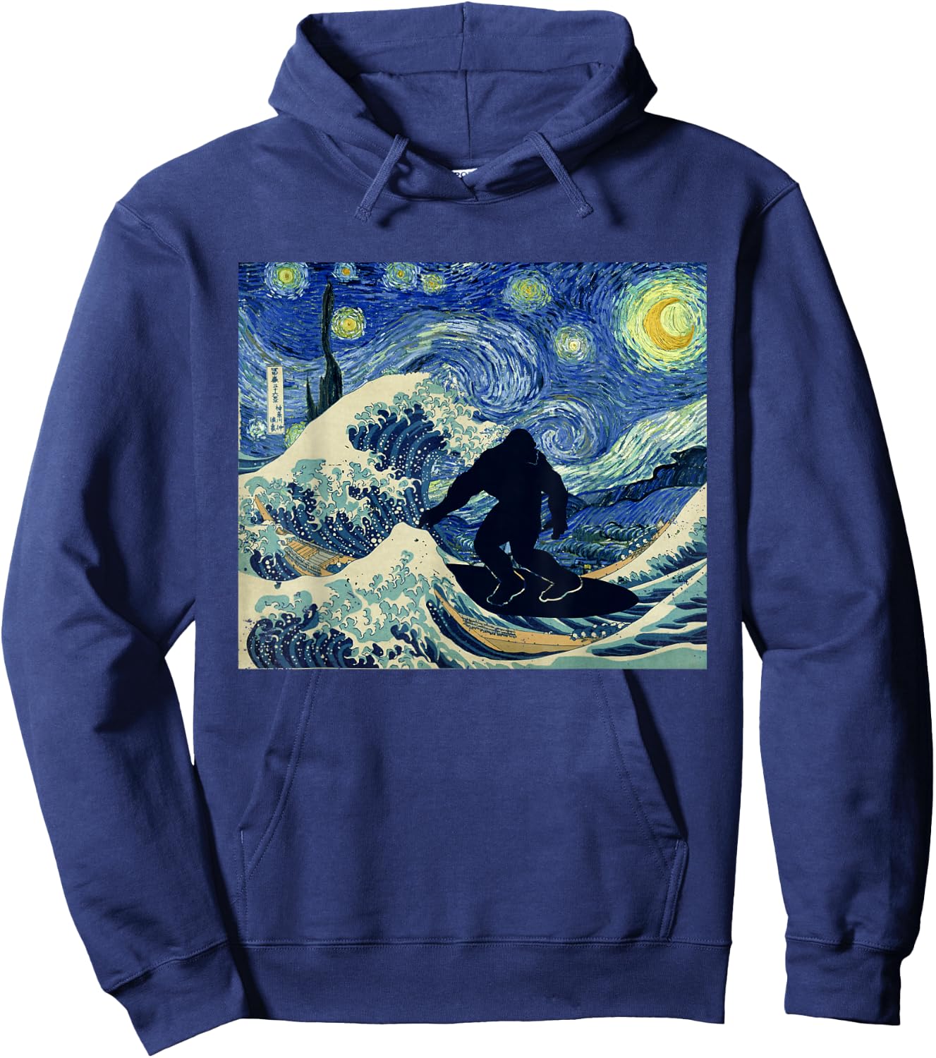 Starry Night Bigfoot Surfing Great Wave Off Kanagawa Hoodie - Hoodie | Navy
