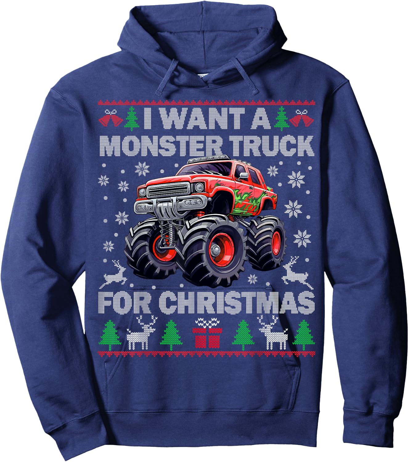 Kids I Want a Monster Truck for Christmas Ugly Sweater Truck Hoodie - Hoodie | Navy