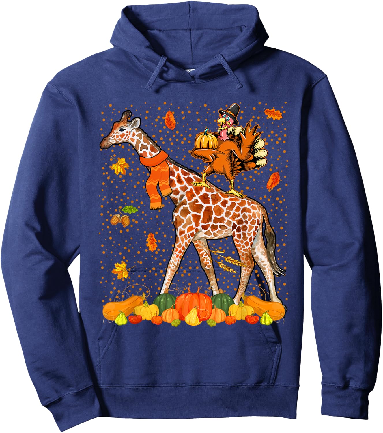 Wild Animal Thanksgiving Costume Thanksgiving Turkey Riding Giraffe With Fall Pumpkins -Adults Black Small Classic Fit Short Sleeve Cotton, Polyester Thanksgiving-themed Hoodie - Hoodie | Navy