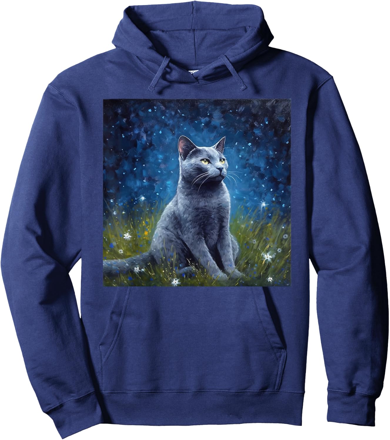 Cute Russian Blue Cat In A Starry Sky Night Painting Hoodie - Hoodie | Navy