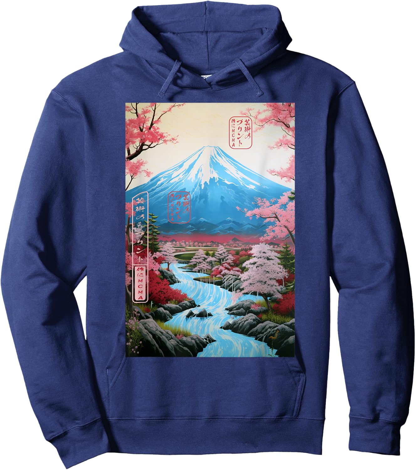 Ukiyo-e Cherry Blossom Mount Fuji Serenity Japanese Hoodie - Hoodie | Navy