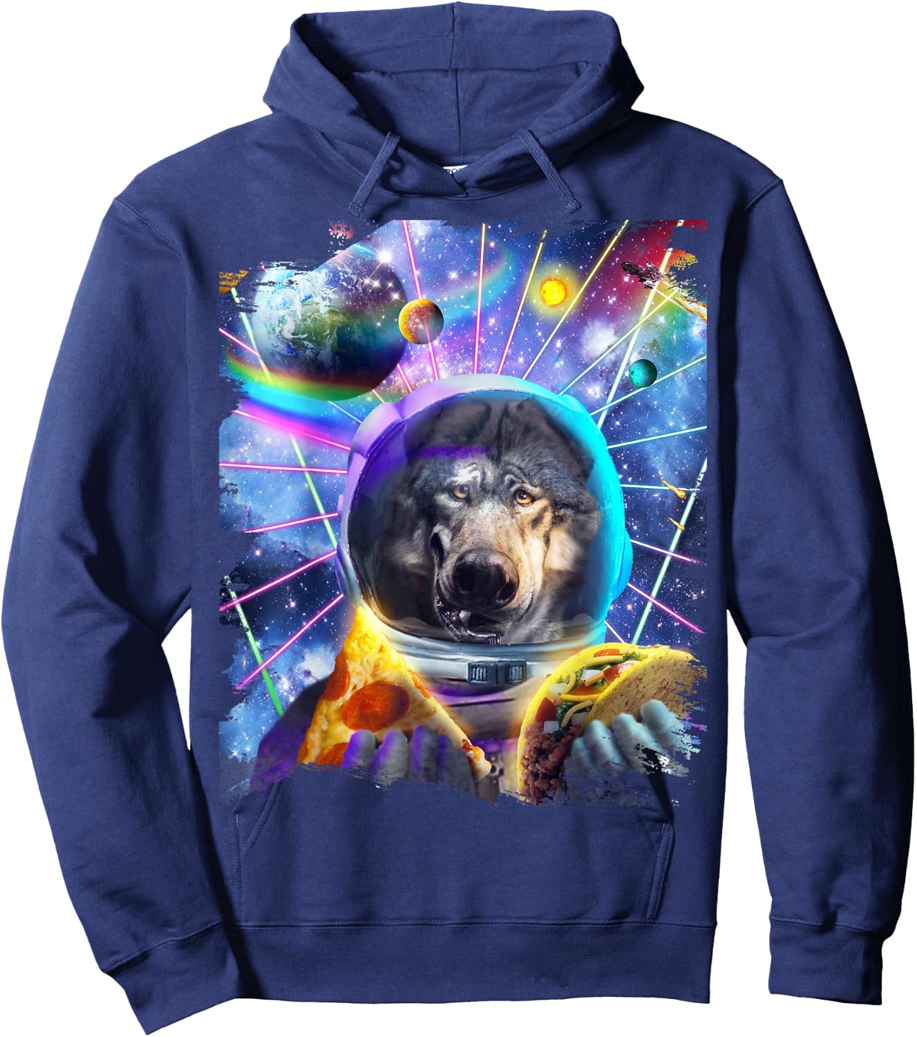 Wolf Astronaut In Space Eating Pizza Taco Hoodie - Hoodie | Navy