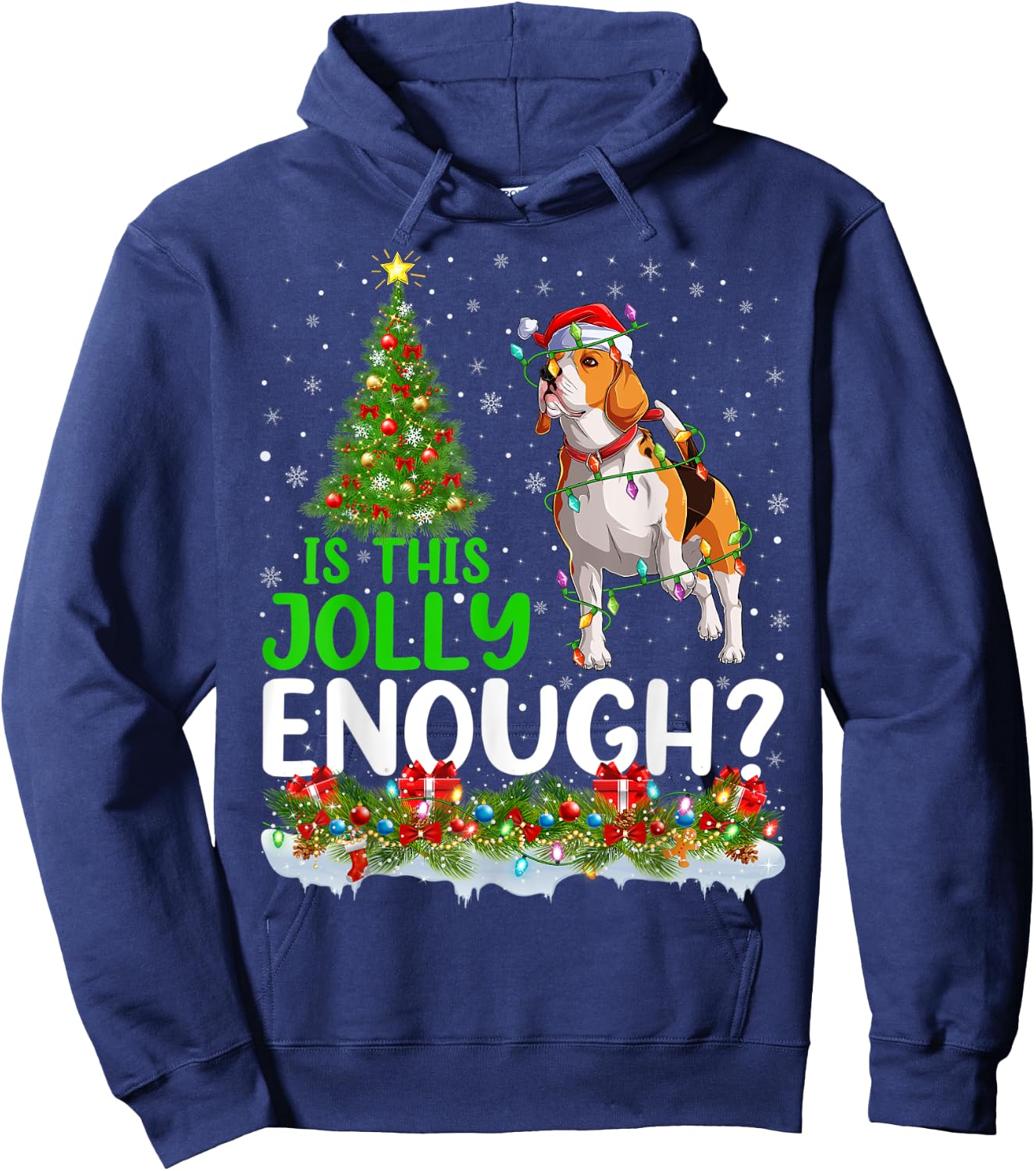 Is This Jolly Enough Santa Beagle Dog Christmas Tree Hoodie - Hoodie | Navy