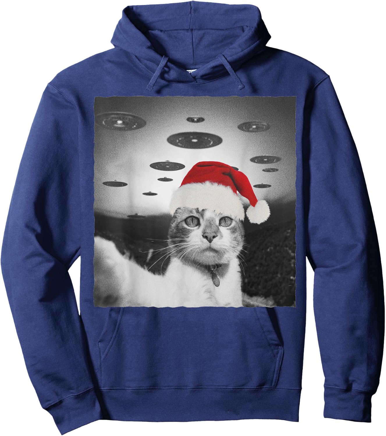 Funny Christmas Cat wear Santa Hat selfie with Alien UFO Men Women Kids Hoodie - Hoodie | Navy