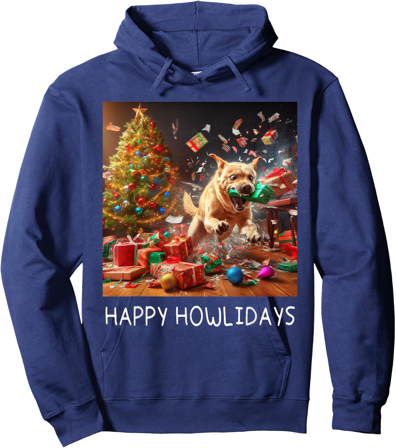 Funny Crazy Chaotic Dog Under The Tree Cute Happy Howlidays Hoodie - Hoodie | Navy