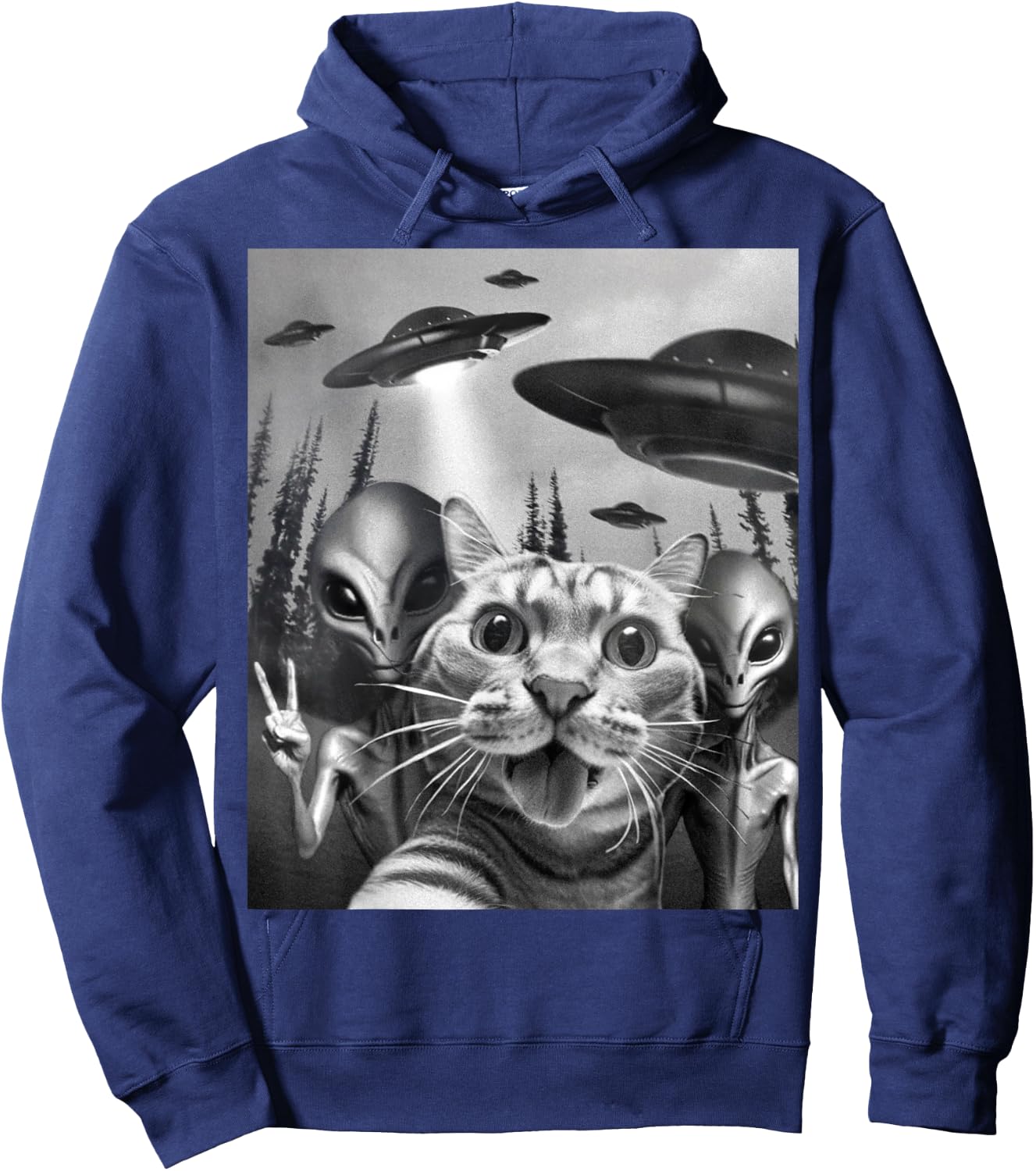 Funny Cat Selfie with UFOs Peace Sign Alien Cat UFO Invasion Hoodie - Hoodie | Navy