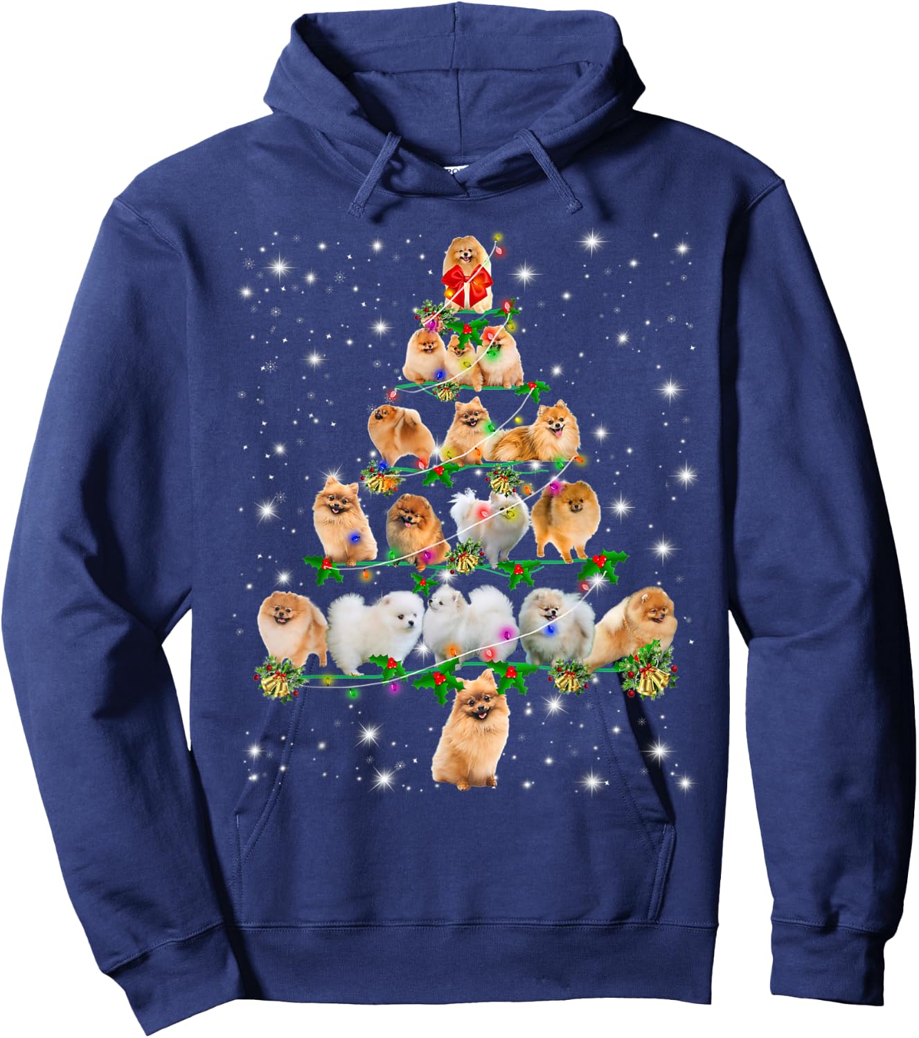 Pomeranian Christmas Tree Lights Funny Lover Dog Pajamas Women Kids Hoodie - Hoodie | Navy