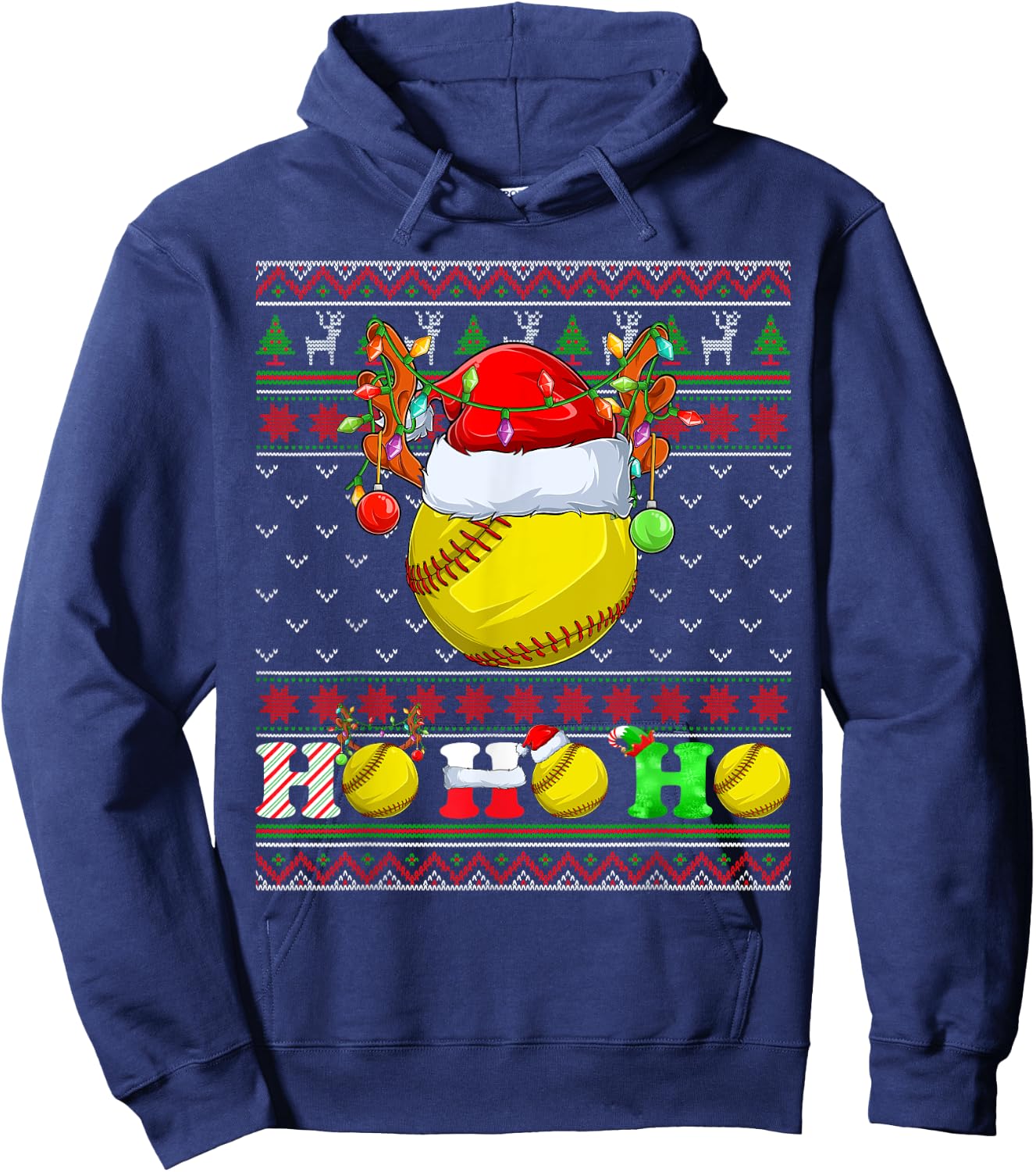 Funny Softball Ball Xmas Tree Lights Ugly Christmas Sweater Hoodie - Hoodie | Navy