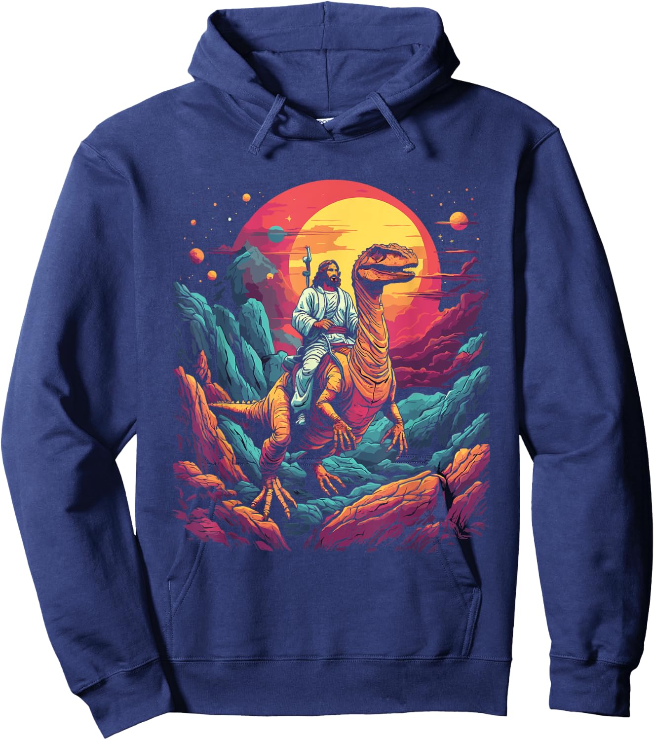 Jesus Riding in Space T-Rex Dinosaur Meme Sci-Fi Believers Hoodie - Hoodie | Navy