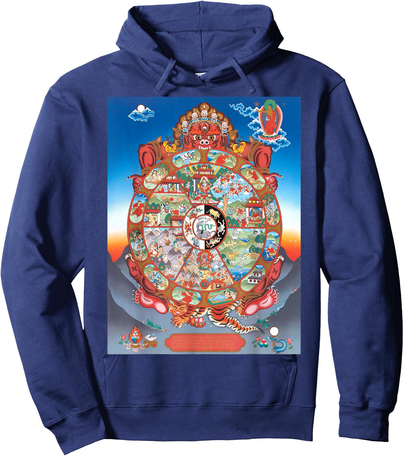 Tibetan Thangka, Samsara, Mandala, Wheel of Life, Buddhist Hoodie - Hoodie | Navy