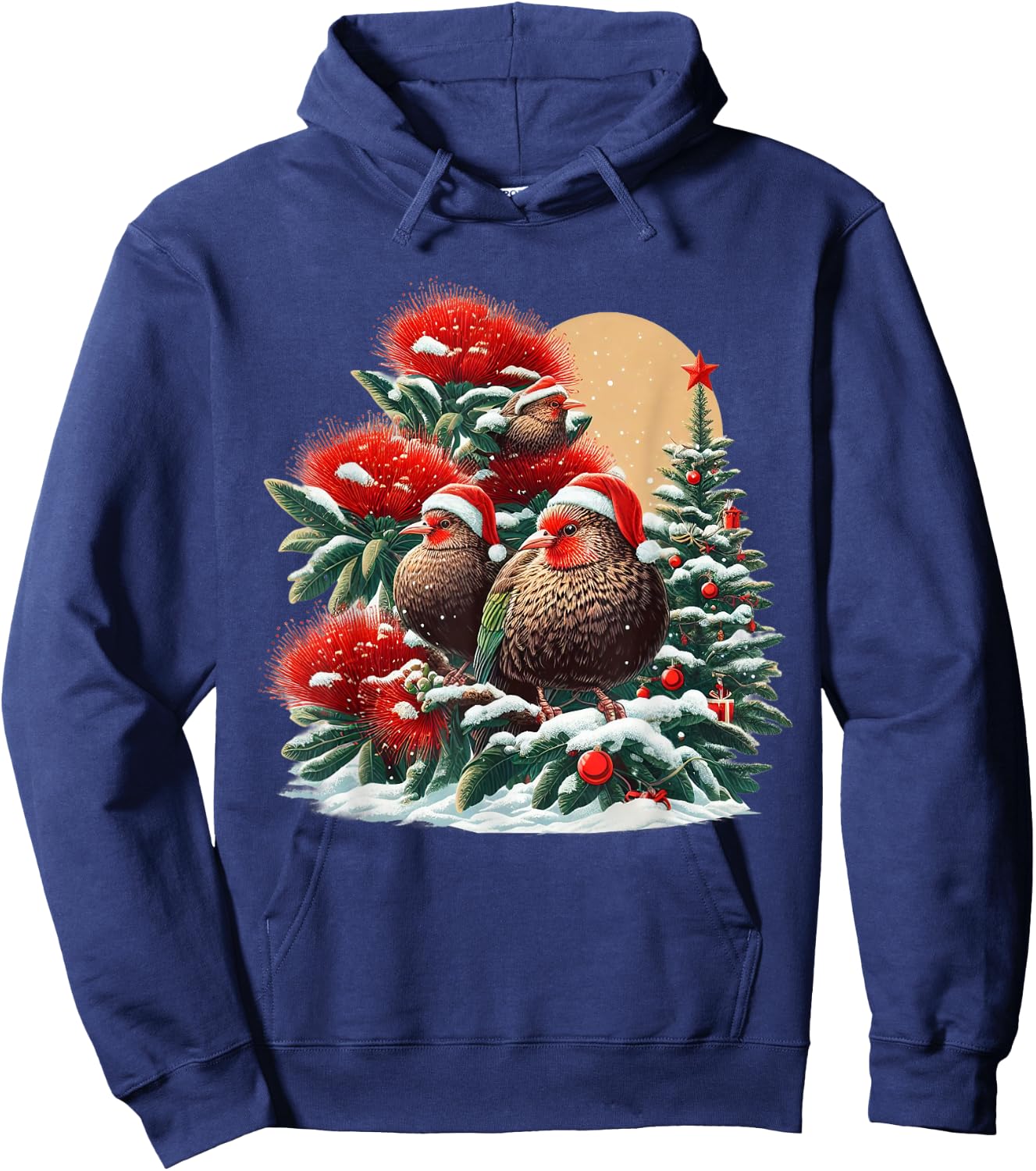 Christmas Pohutukawa Tree New Zealand Kiwi Birds Santa Hat Hoodie - Hoodie | Navy