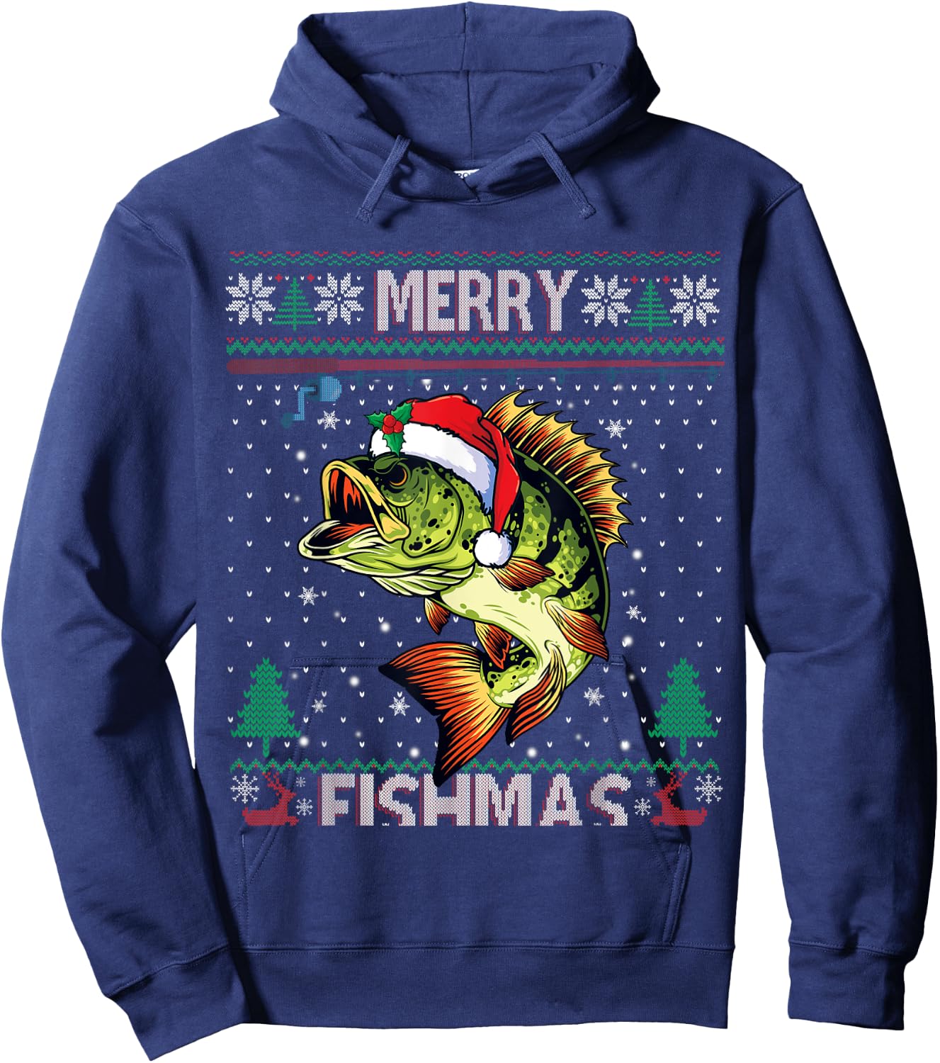 Merry Fishmas Bass Fish Fishing Christmas Ugly Sweater Xmas Hoodie - Hoodie | Navy