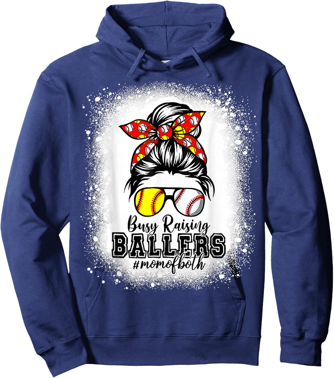Messy Bun Mom Of Both Baseball Softball Busy Raising Ballers Hoodie - Hoodie | Navy