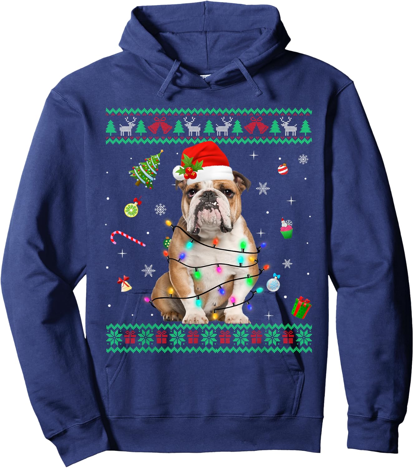 Ugly Sweater English Bulldog Dog Christmas Lights Santa Hat Women Kids Hoodie - Hoodie | Navy