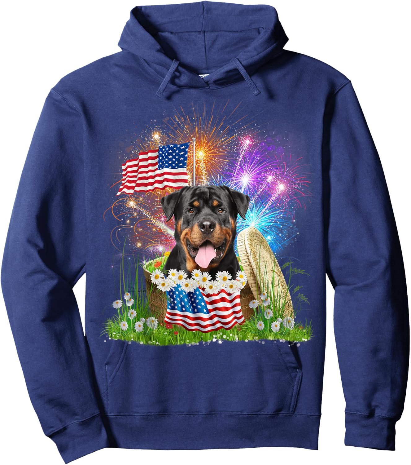 Rottweiler Patriotic American Flag Fireworks 4th Of July Hoodie - Hoodie | Navy
