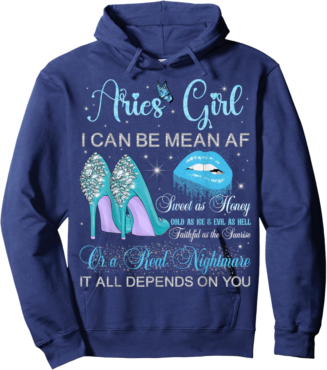 Aries Girl Birthday High Heels Dripping Lips Butterfly Hoodie - Hoodie | Navy