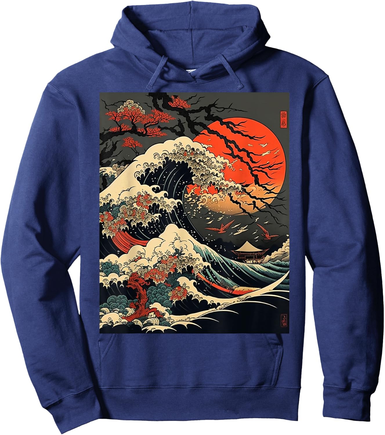 vintage Kanagawa Japanese The great wave Cherry Blossom Art Hoodie - Hoodie | Navy
