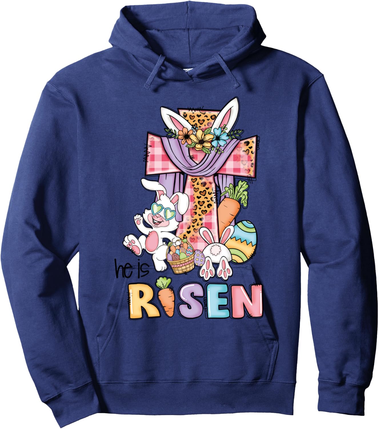 He is Risen Floral Cross Vintage Happy Easter Day Hoodie - Hoodie | Navy