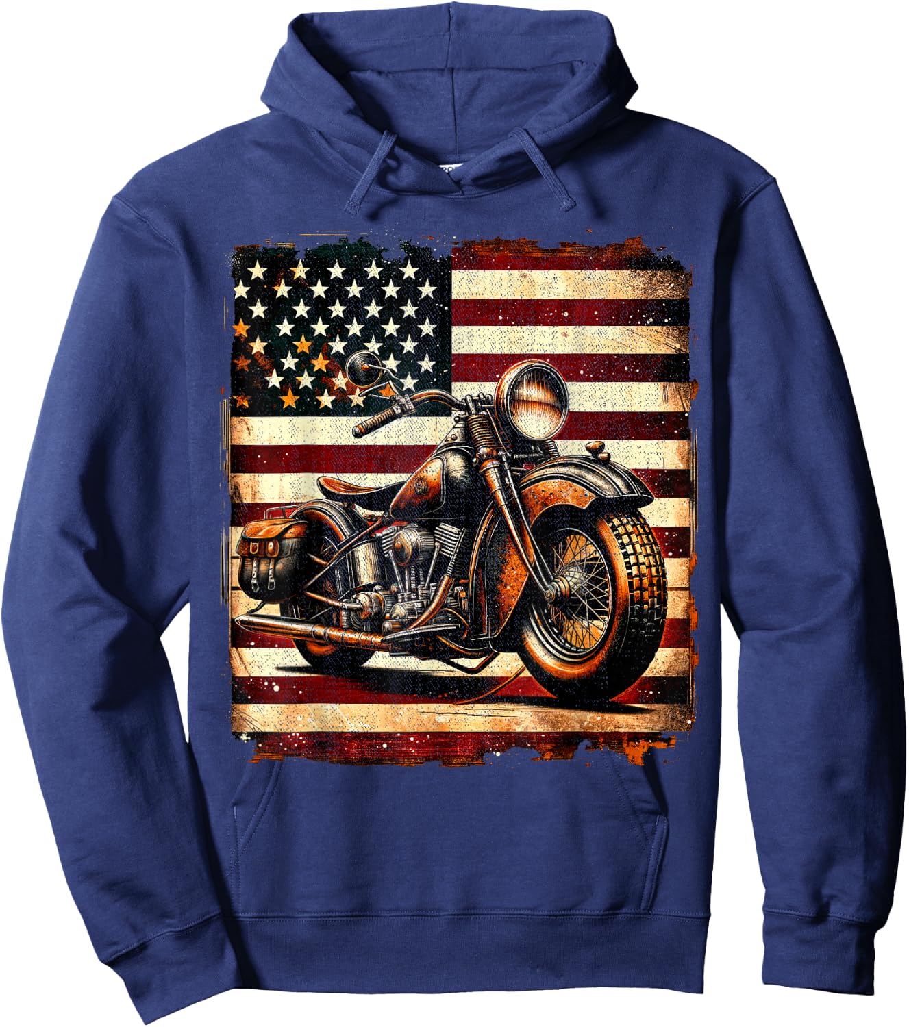 Motorcycle USA Flag Retro Biker Vintage Distressed Hoodie - Hoodie | Navy