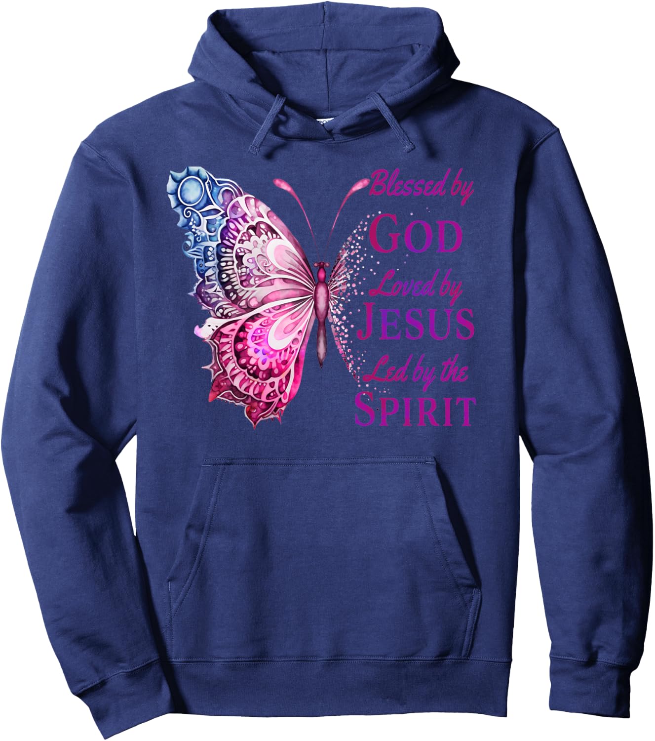 Blessed by God Loved by Jesus Pink Butterfly Christian Hoodie - Hoodie | Navy