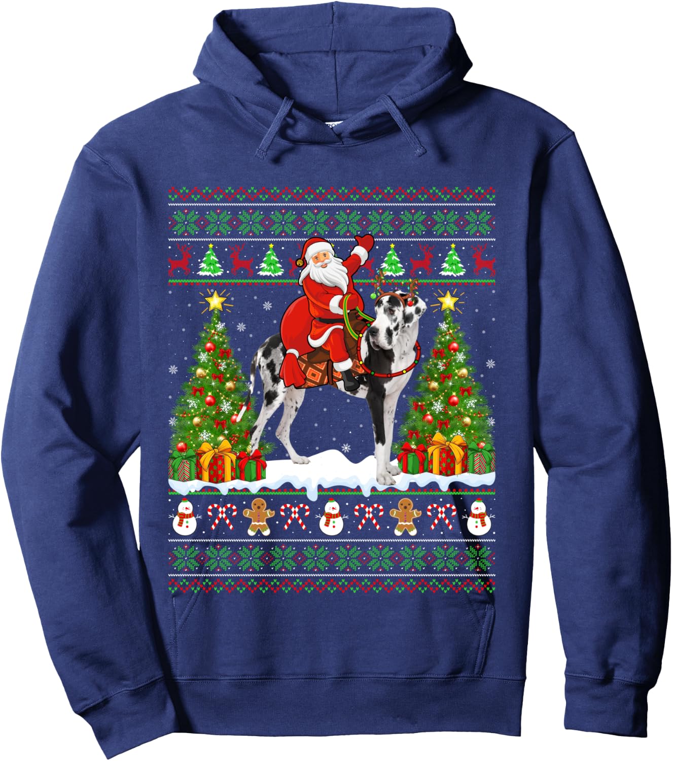 Xmas Sweater Ugly Santa Riding Great Dane Dog Christmas Hoodie - Hoodie | Navy