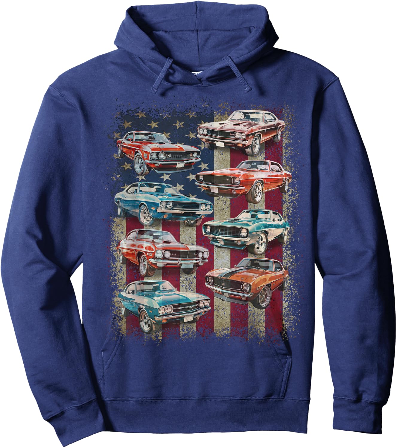Classic Muscle Car Retro American Flag Patriotic Vintage Hoodie - Hoodie | Navy