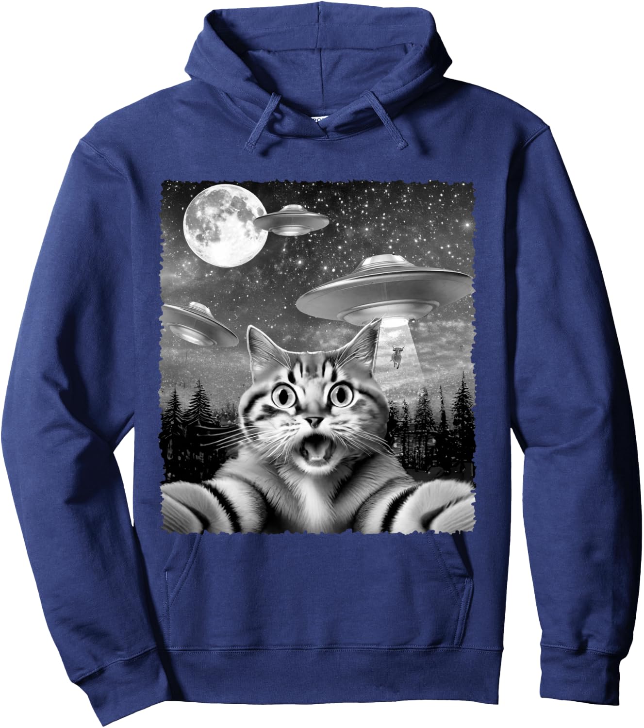 Funny Alien Cat Selfie with UFOs Gift Men Women Kids Hoodie - Hoodie | Navy