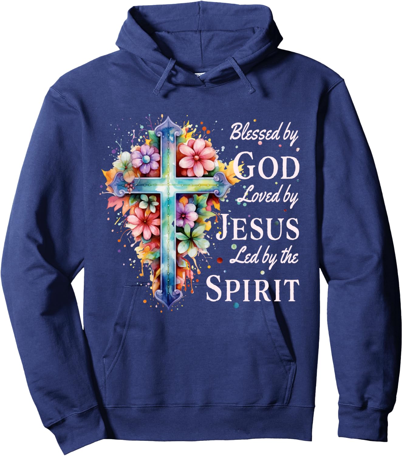 Blessed by God Loved by Jesus Floral Cross Christian Hoodie - Hoodie | Navy