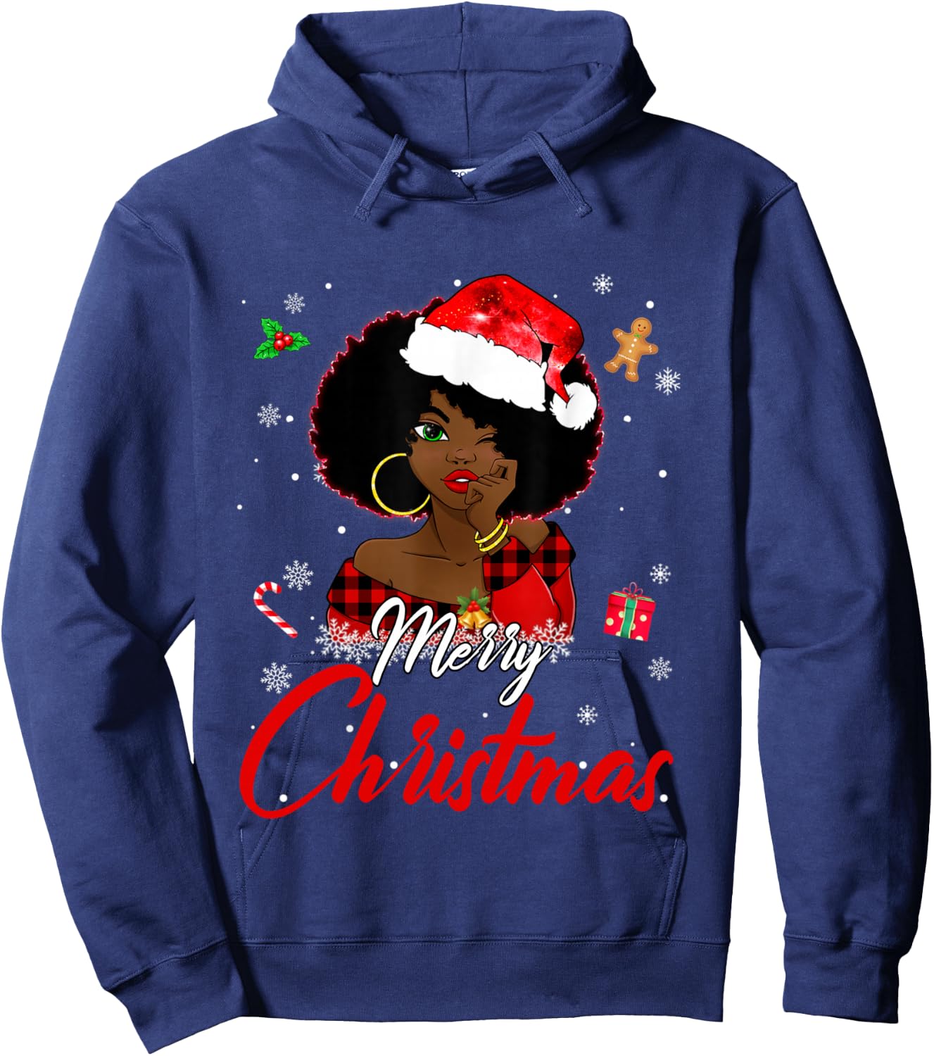 Black African Girl American Melanin Christmas Santa Hat Xmas Hoodie - Hoodie | Navy