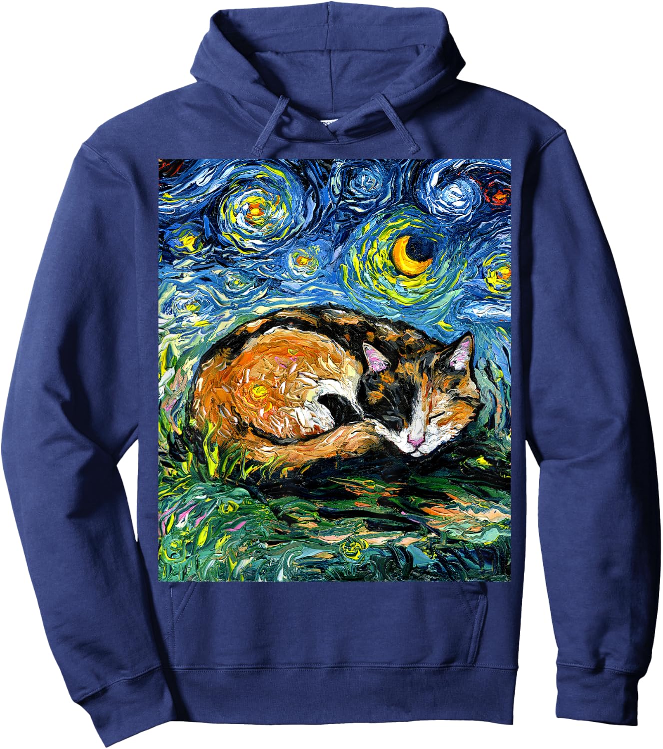 Sleeping Calico Cat Starry Night Animal Lover Pet Artwork Hoodie - Hoodie | Navy