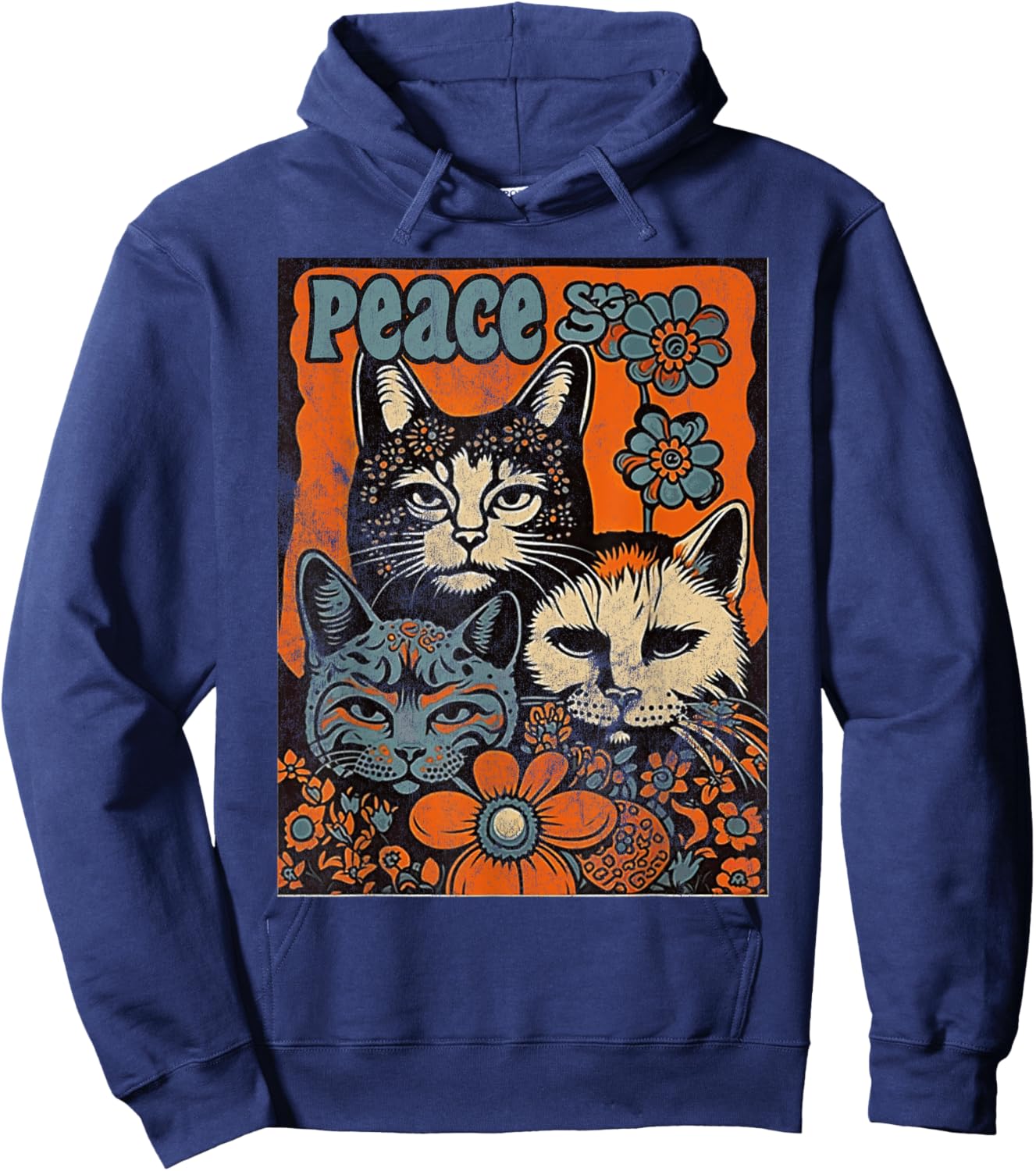 Cat Funny 60s 70s Hippie Vintage Flowers Groovy Psychedelic Men Women Hoodie - Hoodie | Navy
