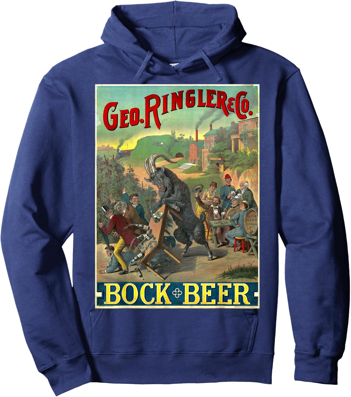 Black Goat Bock Beer Knocking Over Table of Wine Hoodie - Hoodie | Navy