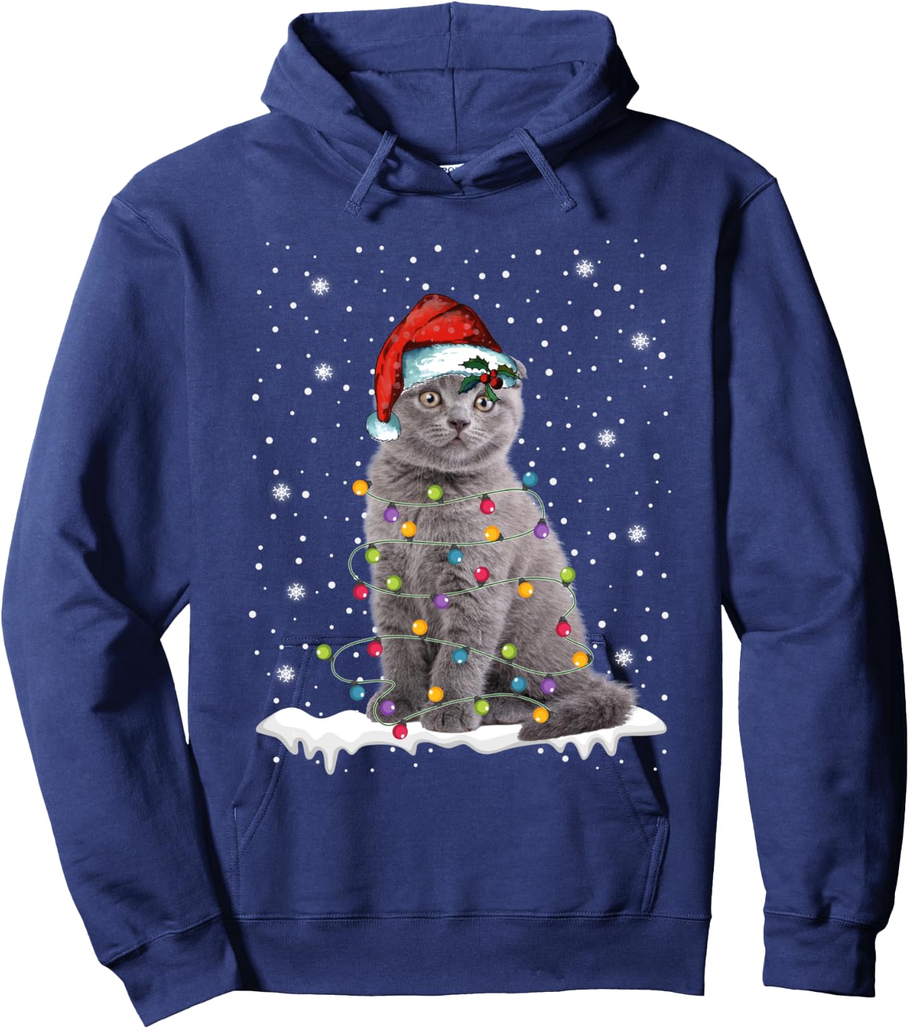 Scottish Fold Cat Funny Christmas Lights Sweater Xmas Kitten Hoodie - Hoodie | Navy