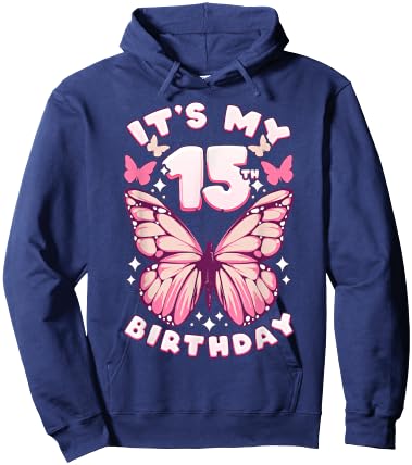 15th Birthday Girl 15 Years Old Butterflies and Number Hoodie - Hoodie | Navy
